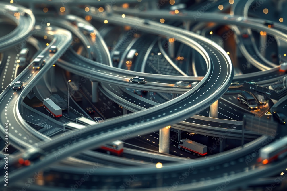 Intricate 3D Highway Interchange with Trucks Smoothly Navigating Multiple Lanes - Ideal for Infrastructure and Logistics Imagery Intricate 3D Highway Interchange with Trucks Smoothly Navigating Multiple Lanes - Ideal for Infrastructure and Logistics Imagery