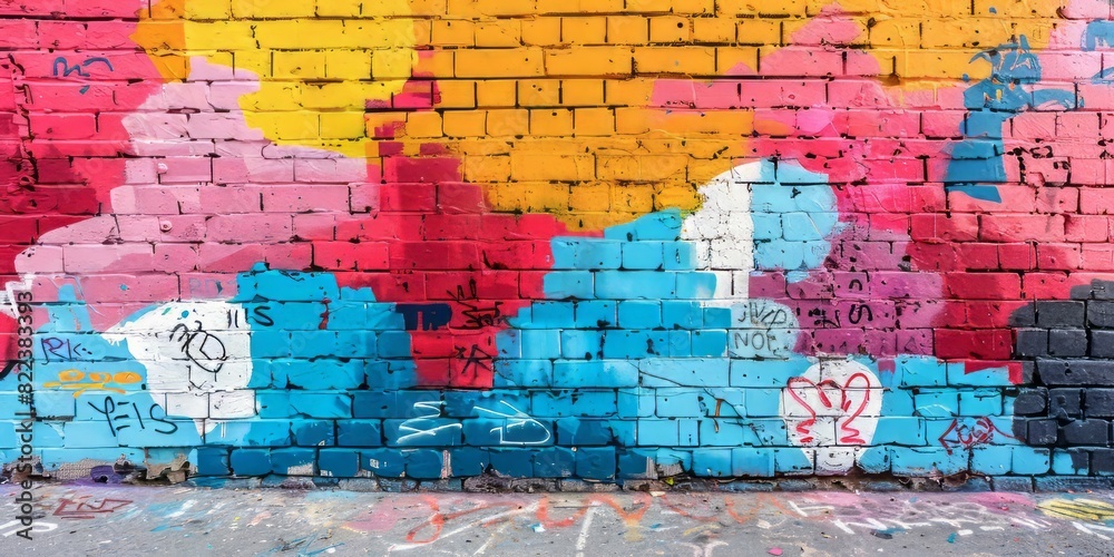 Naklejka premium A brick wall covered in vibrant graffiti art, featuring a multitude of colors and designs
