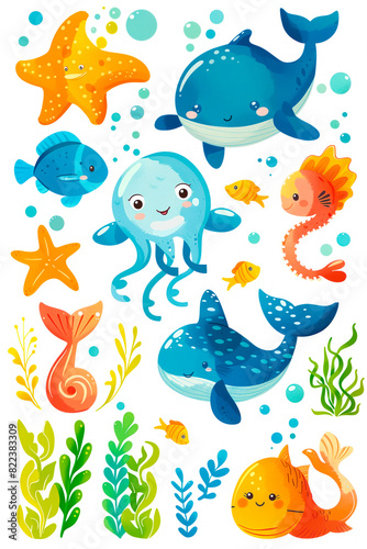 Cute aquatic animals and sea plants