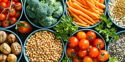 Diverse selection of healthy foods like vegetables fruits grains and nuts. Concept Healthy Eating, Nutrient-rich Foods, Balanced Diet, Diverse Food Selection, Plant-based Nutrition photo