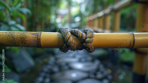 A close-up of a bamboo rail with a knotted rope in a tranquil garden.