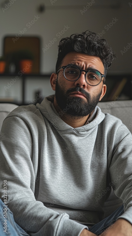 Arab man with a beard and glasses, sitting on a sofa in his living room, looking sick and upset Arab man with a beard and glasses, sitting on a sofa in his living room, looking sick and upset