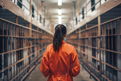 Female prisoner in orange jumpsuit photo