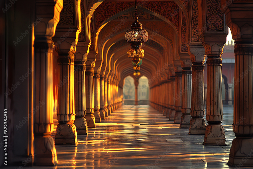 A mosque with arches and lantern lights, in the style of soft, dreamy scenes, A mosque with arches and lantern lights, in the style of soft, dreamy scenes,