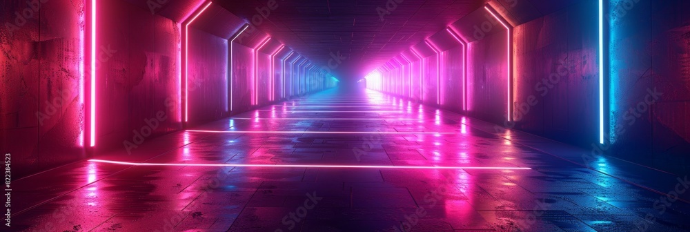 A long tunnel illuminated by vibrant neon lights, creating a futuristic and captivating atmosphere A long tunnel illuminated by vibrant neon lights, creating a futuristic and captivating atmosphere