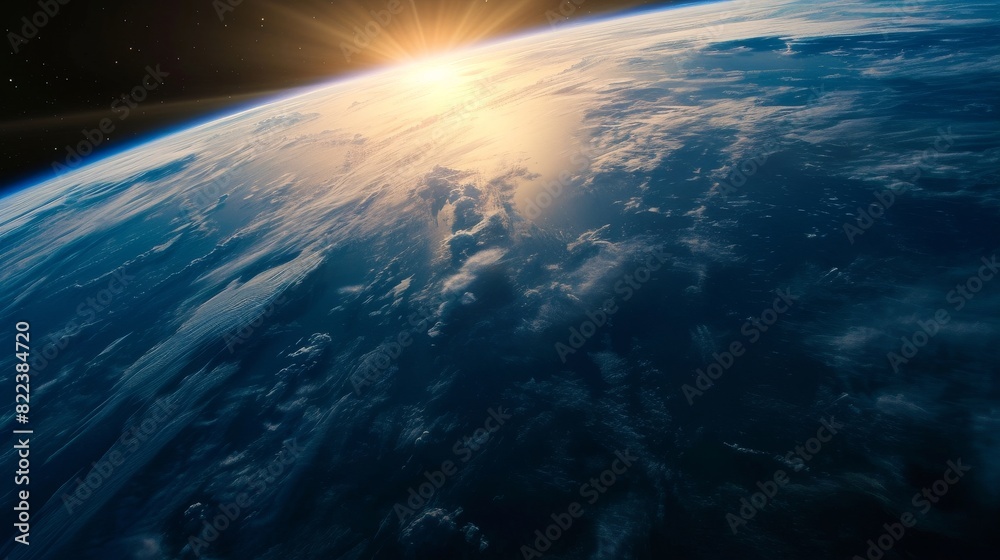 Earth horizon, thin blue atmosphere and dark expanses of outer space Earth horizon, thin blue atmosphere and dark expanses of outer space