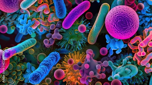 Vibrant microscopic image of bacteria with different shapes and sizes