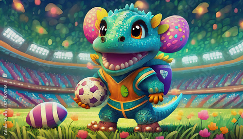 oil painting style cartoon character Multicolored baby alligator American rugby football player, in blue uniform,