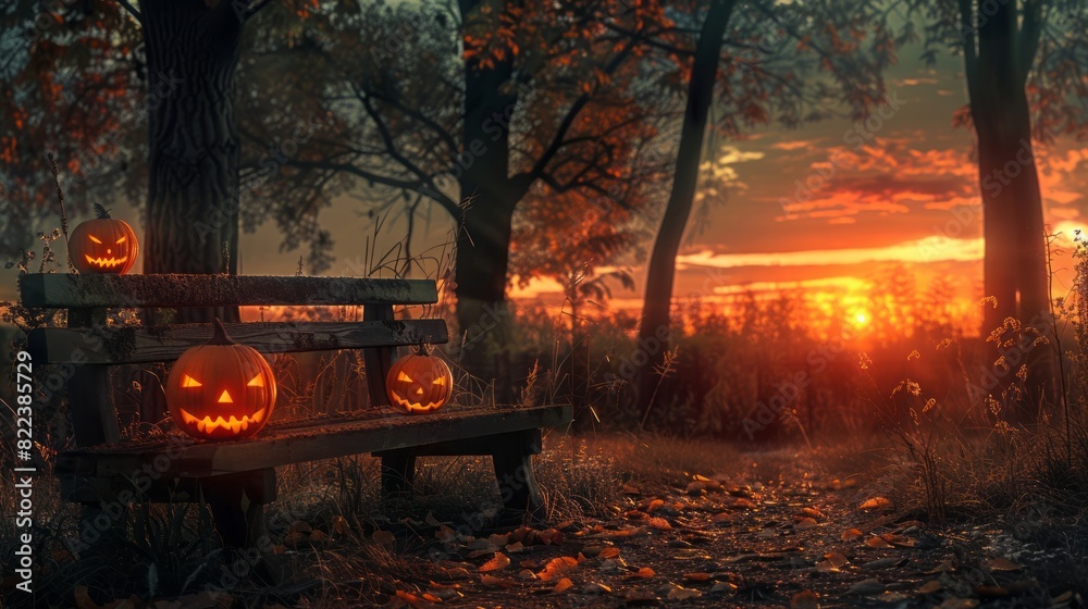 A spooky forest sunset with a haunted evil glowing eyes of Jack O' Lanterns on the left of a wooden bench on a scary halloween night A spooky forest sunset with a haunted evil glowing eyes of Jack O' Lanterns on the left of a wooden bench on a scary halloween night