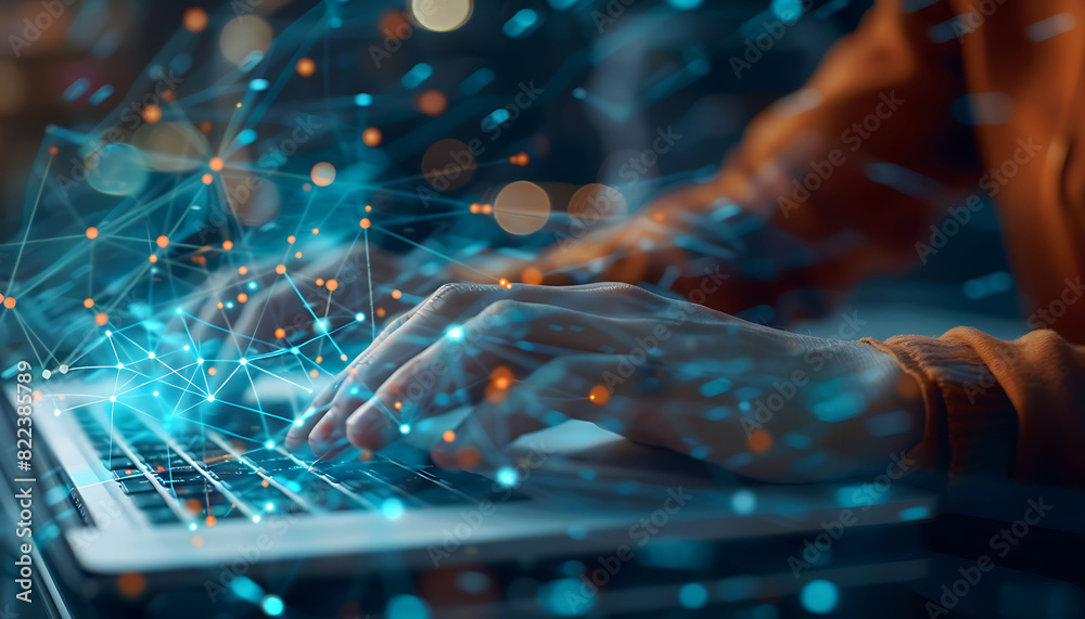 Close-up of a software engineer's hands working on a laptop with a digital overlay of global connections and binary code, showcasing the integration of advanced technology in IT support Close-up of a software engineer's hands working on a laptop with a digital overlay of global connections and binary code, showcasing the integration of advanced technology in IT support