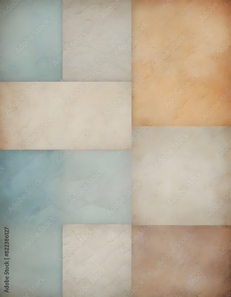 Fototapeta premium Collage of square and rectangular tiles with different colors, textures, and materials with the range from shades of blue, peach, white and grey, Generative AI.