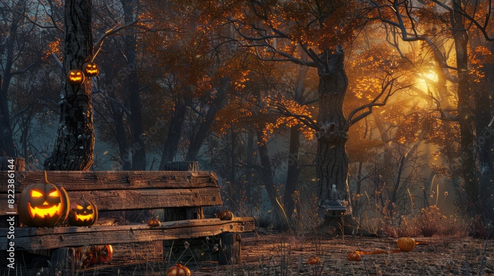 A spooky forest sunset with a haunted evil glowing eyes of Jack O' Lanterns on the left of a wooden bench on a scary halloween night