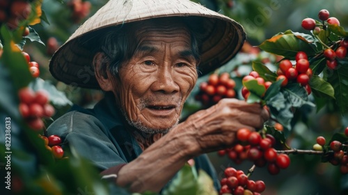 Portrait of Asian men farmer smiling and picking coffee berry