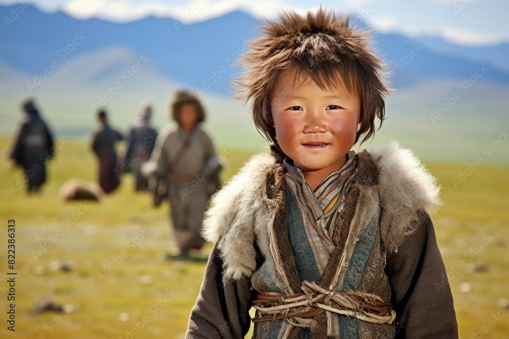 Portrait of a smiling nomadic child with family in the background on a vast grassland Portrait of a smiling nomadic child with family in the background on a vast grassland