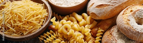 Many different types of pasta and bread on the table, refined carbohydrates food product
 photo