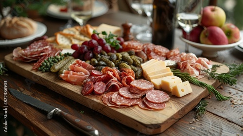 charcuterie presentation, a beautifully styled charcuterie board with vintage utensils and rustic touches, ideal for a traditional get-together