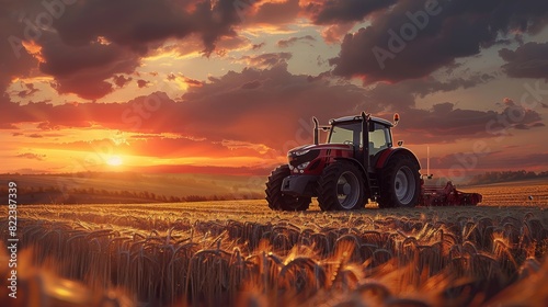 Tractor on the field at sunset. Generative AI.
