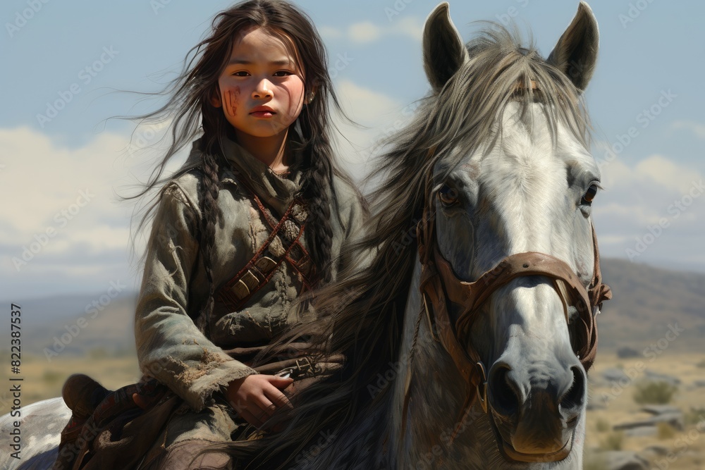 Portrait of a young girl with a determined expression riding a gray horse in a natural landscape Portrait of a young girl with a determined expression riding a gray horse in a natural landscape