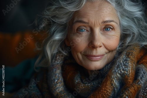 timeless beauty, a serene portrait of an elderly woman with silver hair and a warm smile, living a timelessly unchanged life photo