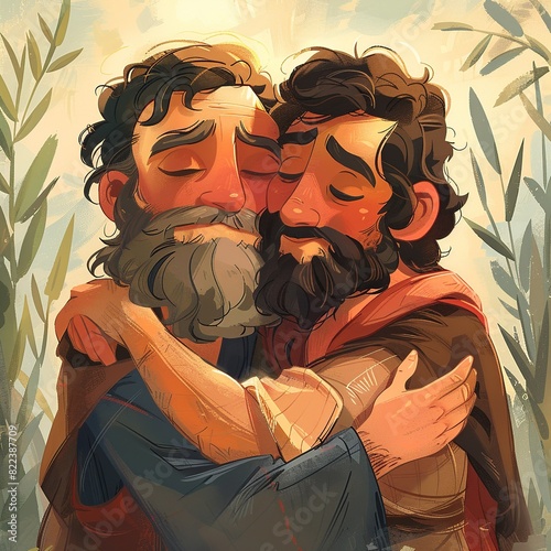Visualize a lively cartoon representation showcasing the emotional embrace between Jacob and Esau after years of separation, symbolizing forgiveness and a joyous reunion in a dynamic