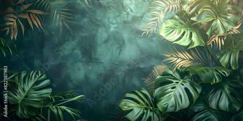 Art deco wallpaper with golden floral pattern and monstera plant on emerald background. Concept Patterned Wallpaper  Art Deco Design  Floral Motif  Monstera Plant  Emerald Background