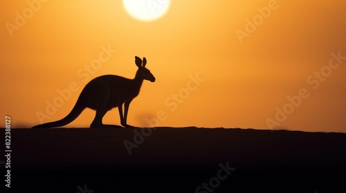 Silhouette of kangaroo on sunset sky.