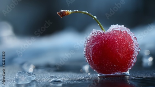 Close-up of a frosty cherry on ice, with a blurred winter background, emphasizing the cold and beauty of the season.