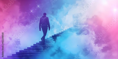 Inspirational leader climbs staircase of business buzzwords towards success star in sky. Concept Business Success, Leadership, Climbing Staircase, Inspiration, Sky Star