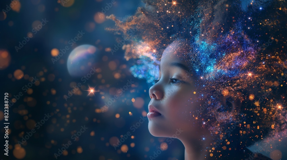 Child's side profile with an afro blending into a colorful cosmic scene, representing wonder and imagination. Child's side profile with an afro blending into a colorful cosmic scene, representing wonder and imagination.