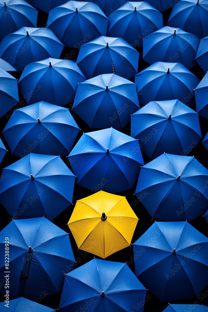 Yellow umbrella standing out among blue umbrellas Yellow umbrella standing out among blue umbrellas