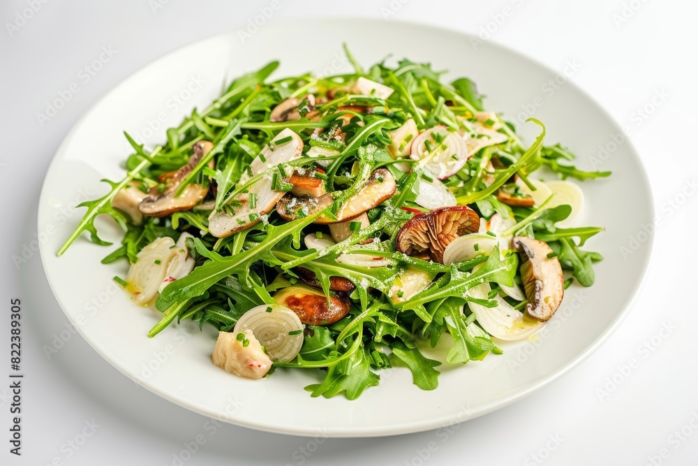 Irresistible Arugula and Mushroom Salad on Pristine White Plate Irresistible Arugula and Mushroom Salad on Pristine White Plate