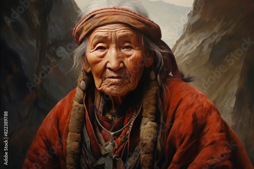 Portrait of an old woman adorned with cultural attire and jewelry, exuding wisdom and strength