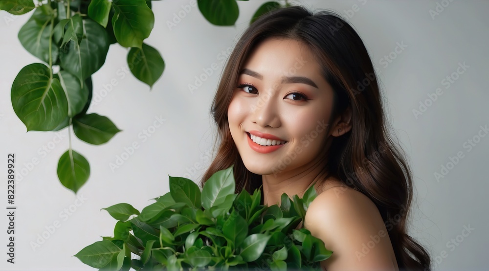Beautiful young asian woman with green leaves decoration Beautiful young asian woman with green leaves decoration