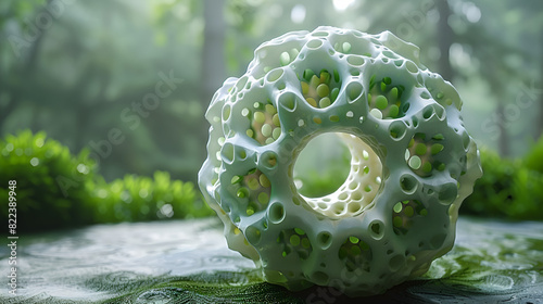 A sphere made of plants and rope sits on a green background photo