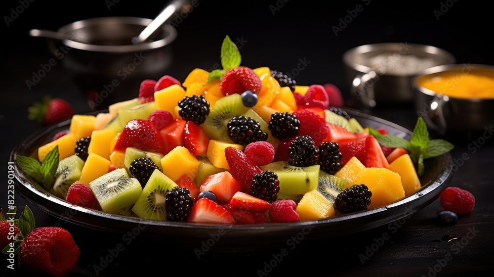 Colorful fruit salad, dark elegant setting.