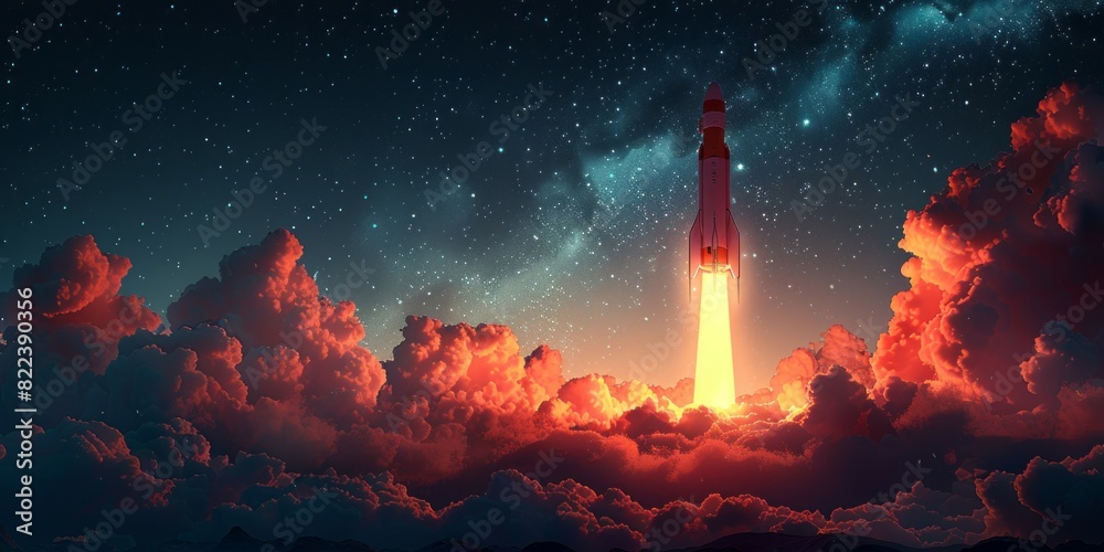 A rocket soaring into the sky surrounded by clouds and stars A rocket soaring into the sky surrounded by clouds and stars