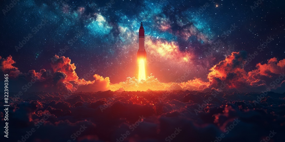 A rocket is seen launching into the dark night sky, leaving behind a trail of fire and smoke A rocket is seen launching into the dark night sky, leaving behind a trail of fire and smoke