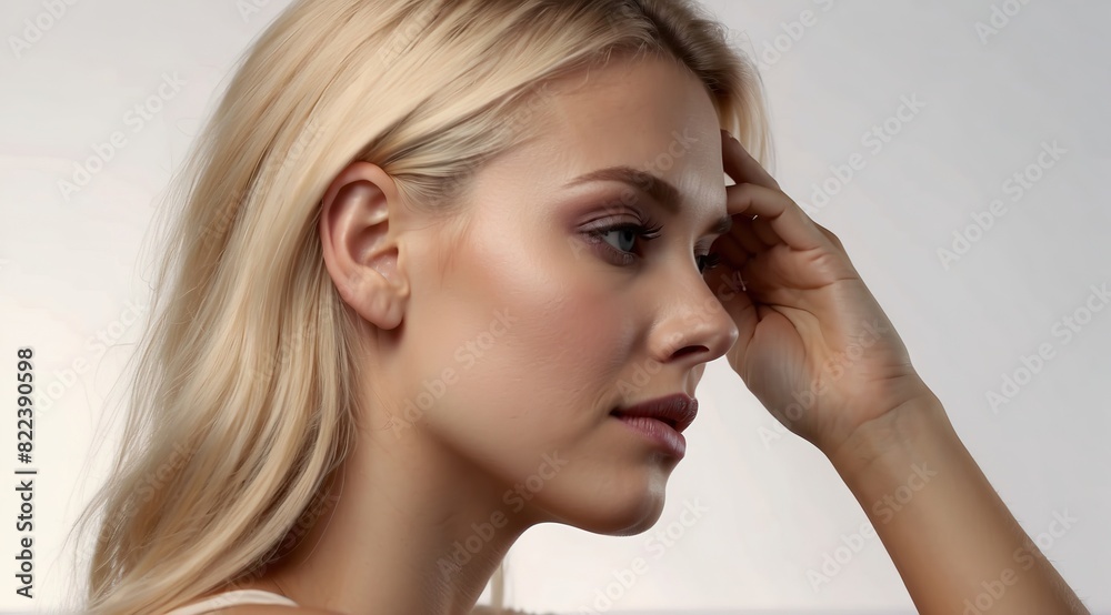 Beautiful attractive blonde woman model woman thinking with hand in her head Beautiful attractive blonde woman model woman thinking with hand in her head