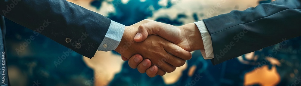Business professionals shaking hands across continents, split screen effect, formal attire, for professional network advertisement