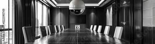 Boardroom with a hidden camera capturing secret deals, monochromatic palette, for an expose on corporate espionage photo