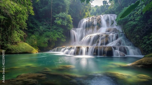 A cascading waterfall hidden within a lush jungle  the water sparkling as it plunges into a crystal-clear pool below. 32k  full ultra HD  high resolution