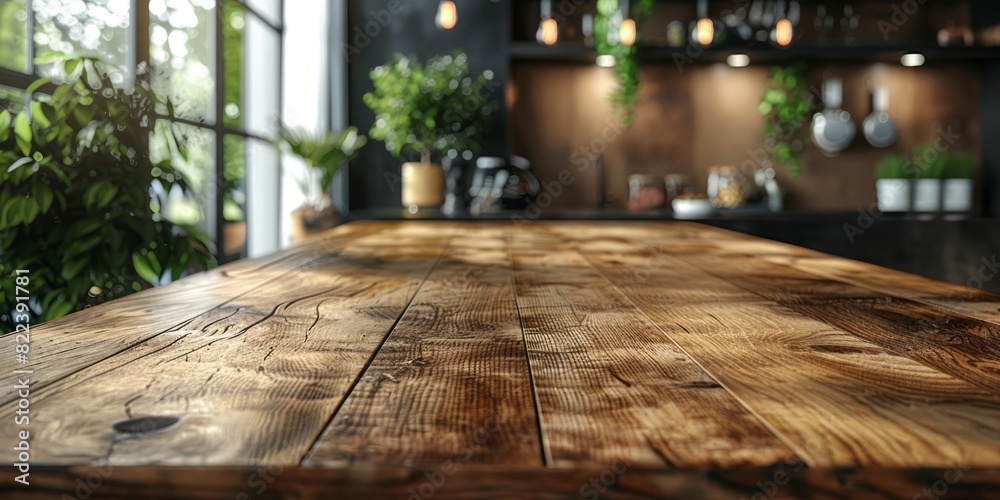 A wooden table with a potted plant placed in a room, creating a simple and natural setting A wooden table with a potted plant placed in a room, creating a simple and natural setting