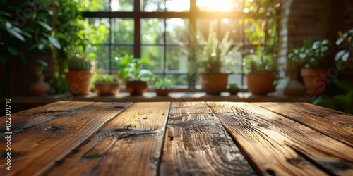 A wooden table featuring multiple potted plants placed in front of a window  receiving natural light