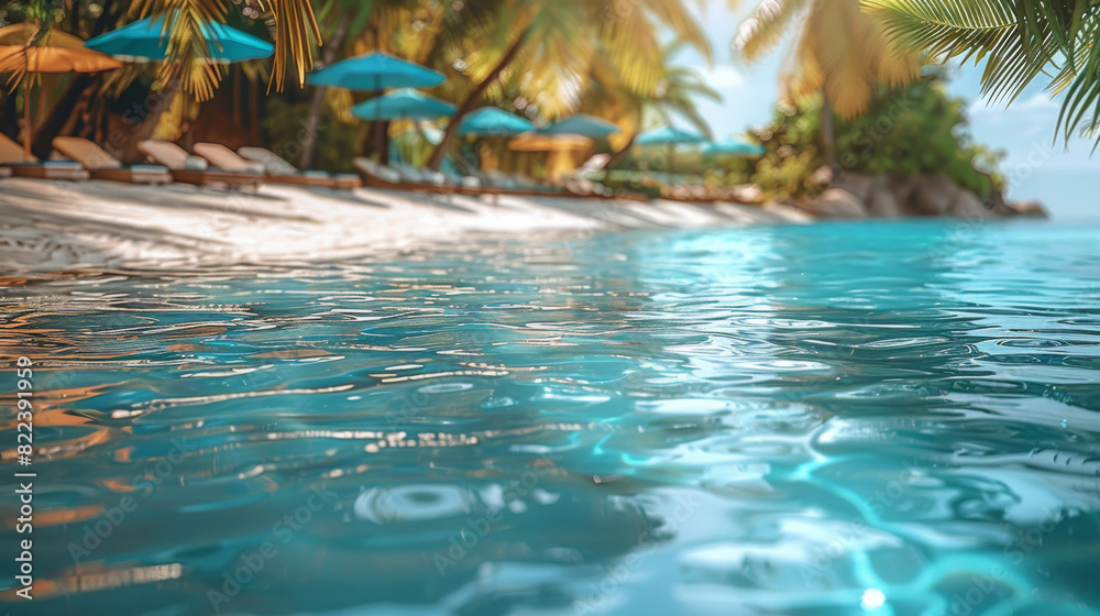 Beautiful poolside beach with a crystal-clear blue pool and golden sand. colorful beach umbrellas dot the beach, lush tropical palm trees provide shade. Generative AI.