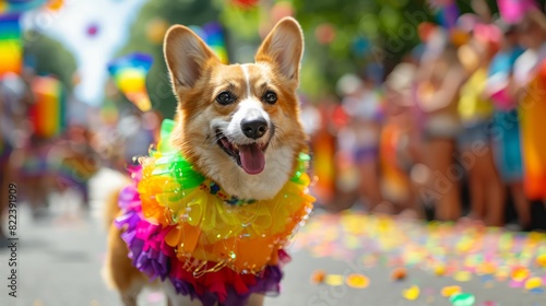 A dog is wearing a colorful outfit and standing in the middle of a parade