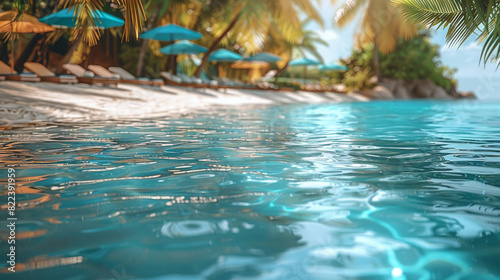 Beautiful poolside beach with a crystal-clear blue pool and golden sand. colorful beach umbrellas dot the beach  lush tropical palm trees provide shade. Generative AI.