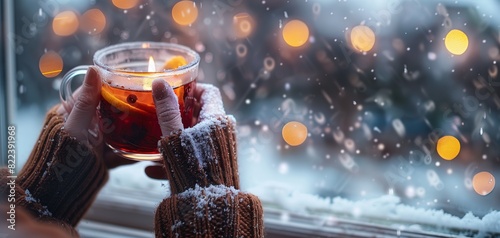A close-up shot of hands holding a glass of mulled wine against a frosty windowpane, capturing the essence of winter coziness