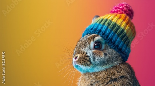 A rabbit wearing a colorful hat with a pink pom pom on top