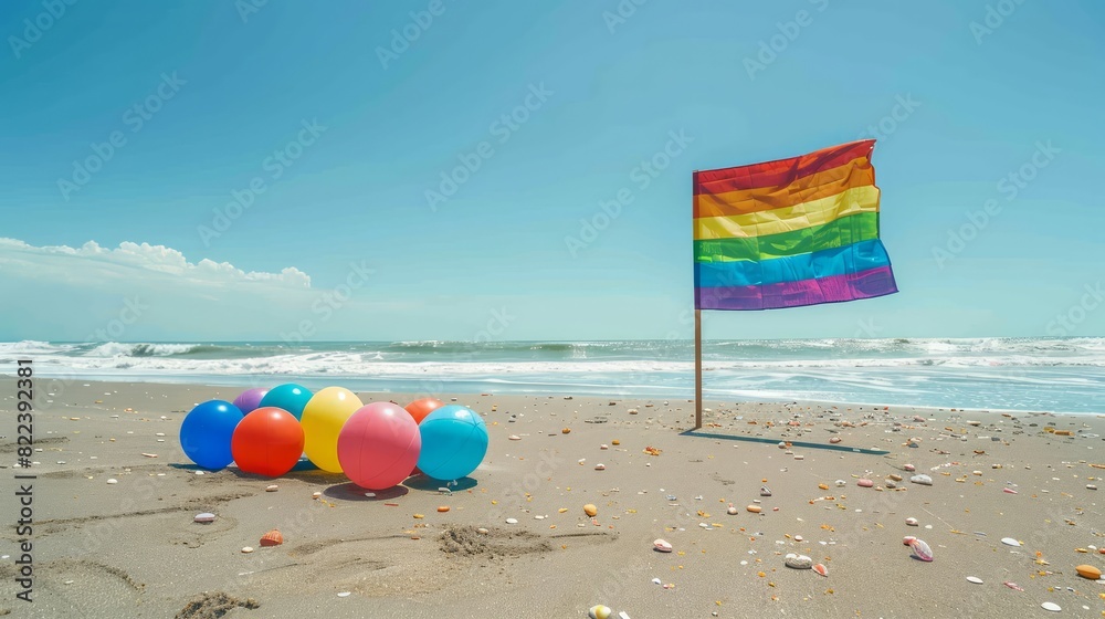 A beach with a rainbow flag and a bunch of colorful balloons