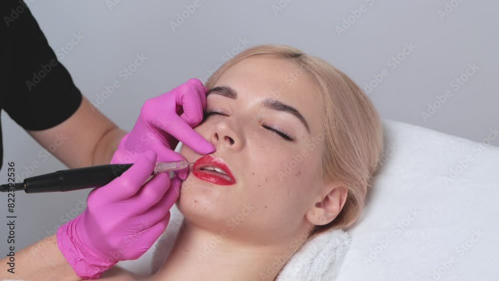 Permanent make-up for Lips of beautiful blonde woman in beauty salon. Closeup beautician doing tattooing Lips. Female aesthetic cosmetology in a beauty salon. Permanent make-up for Lips of beautiful blonde woman in beauty salon. Closeup beautician doing tattooing Lips. Female aesthetic cosmetology in a beauty salon.